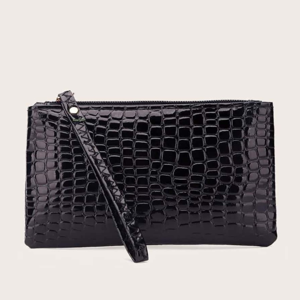Black Patent Leather Crocodile Print Embossed Purse Wristlet Bag